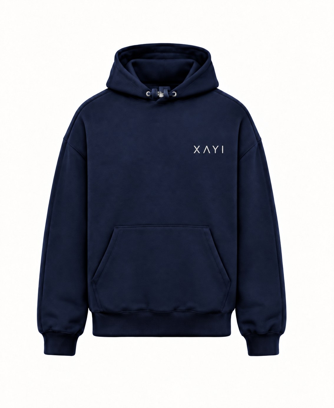 Mørkeblå XAYI Core Hoodie med brystlogo set forfra